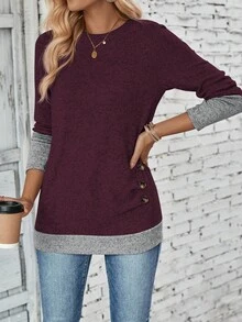 EMERY ROSE 女士休闲撞色拼布二合一 T 恤，秋季图案 T 恤女上衣 - 中紫紅色 - 查看 6