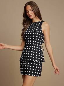 WESTFADE Black And White Polka Dot 100% Cotton Poplin Bow Tie Back Cut Out Sleeveless Top & High Waist Mini Skirt Women 2 Pieces Set,Autumn,Classy,Tea Party - Multicolor - View 5