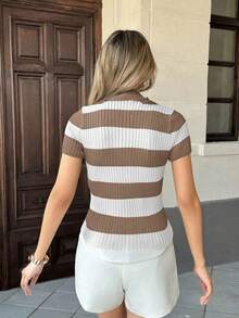 Pariaura 撞色条纹 Polo 领针织上衣，法式街头风格，短袖夏季衬衫 - 駝色 - 查看 2