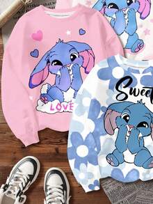 Tween Girl Kawaii Cartoon Blue Rabbit Lulu & Stitch Pattern, Blue Ombre Floral, Cream White & Cream Pink, Casual Loose Fit Crew Neck Comfortable Long Sleeve Sweatshirt, Suitable For Autumn/Winter, Vacay Vibes, Sunny Journey, Casual Spring, Summer Getaway, Cute Y2K Coconut Boho Vacation Springbreak, Brunch-Ready Baby Blue Trip, Neon Beach Vibes, Bohemian Hippie Music Festival - Multicolor - View 4