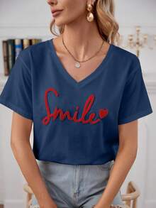 SHEIN Cottnline Cotton Heart & Letter Pattern Drop Shoulder Tee , Summer Vacation Top - Royal Blue - View 2