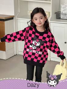 DAZY HELLO KITTY AND FRIENDS | SHEIN 少女格纹卡通图案长袖圆领毛衣 - 玫紅色 - 查看 4
