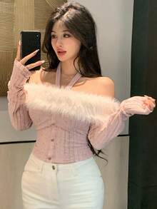 DAZY Women's Blush Pink Autumn Chic Party Top,Fuzzy Brushed Collar Textured Striped Cropped Long Sleeve T-Shirt, Off Shoulder Backless Metal Button - Pink - View 2