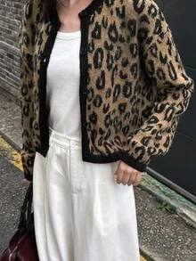 DAZY Cárdigan casual de manga larga con estampado de leopardo, de un solo botonadura, suelto, para otoño