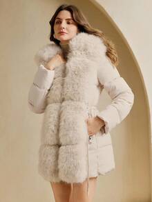 Anewsta 女士奢华仿皮草连帽束腰优雅中长外套 - 米色 - 查看 4