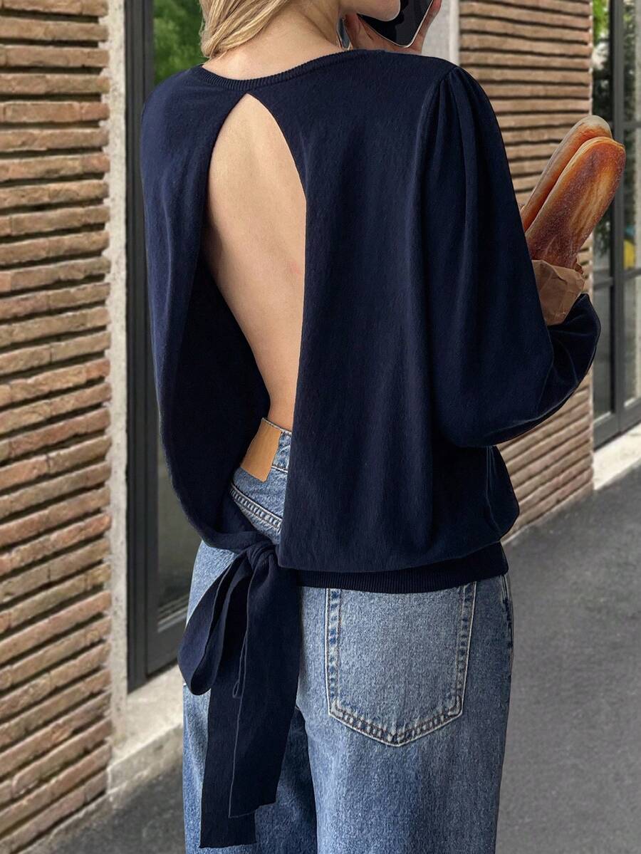 Livesso Women's Solid Color Round Neck Long Sleeve Loose Backless Bowknot Sweater, Autumn - Navy Blue - View 1