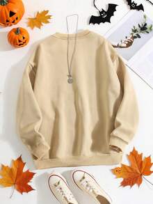女士万圣节南瓜、可爱鬼魂、不给糖就捣蛋、怪异小动物、恐怖季节、秋季休闲简约圆领宽松基本款套头衫 - 卡其色 - 查看 2
