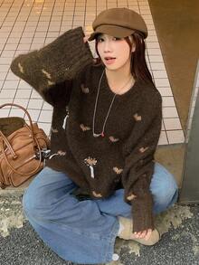 DAZY Women's Round Neck All-Over Heart Print Drawstring Pullover Casual Loose Long Sleeve Sweater Fall/Winter