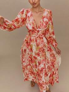 Enchnt Women's Floral Print Deep V-Neck Lantern Sleeve Waist Ruched Elegant Dress - Yellow - View 6