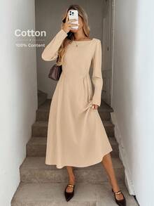 Easowa Luźna sukienka midi w kolorze khaki, wykonana w 100% z bawełny, z długim rękawem i ściągaczem w talii, dla kobiet, jesień/zima