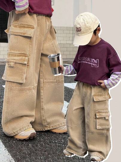 SHEIN Young Boys Fall/Winter Vintage Urban Street Cool Style Vintage Distressed Casual Basic Everyday Style Khaki Denim Multiple Pockets Split Design Loose Fit Cargo Pants,For Kids Fall/Winter Clothes,Boys Back-To-School Clothes,Boys Streetwear Outfits,Boys Homecoming Outfits