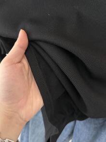SHEIN 青少年女孩纯色罗纹撞色纽扣腰部褶皱针织弹力长袖圆领 T 恤，休闲、居家、返校季 - 黑色 - 查看 8