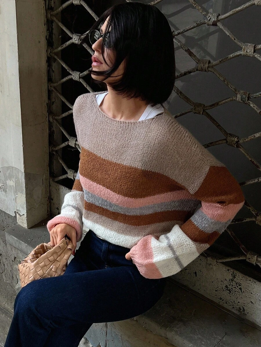 DAZY Loose Striped Crew Neck Long Sleeve Casual Sweater For Women, Spring/Autumn