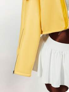 Y2K Amplova 女款黄色性感活力吸睛大翻领皮革和毛皮拉链长袖夹克，适合秋冬季上学和日常穿着 - 黃色 - 查看 5