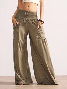Bohemela Plus Size Women's Solid Color High Waist Loose Pockets Wide Leg Pants - Brown - View 10