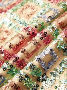 Ellevyn 女士彩色亮片几何印花优雅圆领长袖迷你连衣裙，适合日常穿着、派对、社交活动、秋冬季 - 彩色 - 查看 12