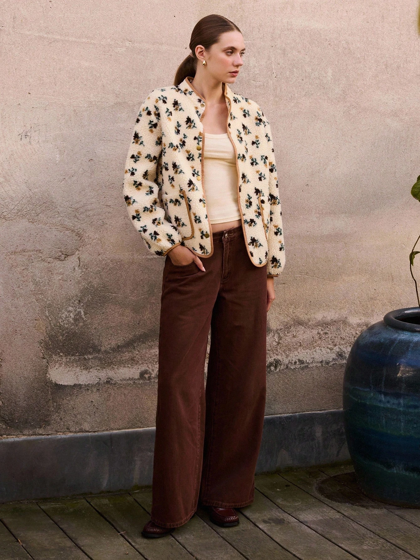 Cream Floral Print Sherpa Jacket With Contrast Piping And Snap Button Closure Spring Summer Jacket Spring Women Clothes Going Out Jackets