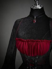 SHEIN ICON 女式万圣节角色扮演哥特式性感长袖喇叭蕾丝派对巫术时尚深色植绒网眼撞色迷你连衣裙秋季 - 黑色 - 查看 6