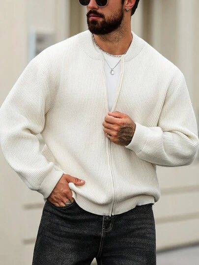 Manfinity Homme Herren Große Größen Einfarbiger Langarm Reißverschluss Locker Gestrickter Cardigan, Herbst/Winter