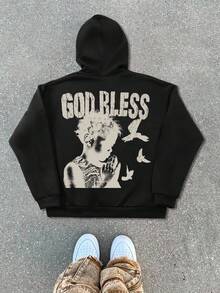 Manfinity EMRG Manfinity Streetrush 男士拉链连帽卫衣，黑色，复古美式风格，“上帝保佑”标语和祈祷手印花，复古街头风，适合春、秋、冬三季穿着，百搭“上帝保佑”黑色印花连帽衫，上帝主题连帽衫，宗教主题连帽衫，基督教服饰，长袖上衣 - 黑色 - 查看 5