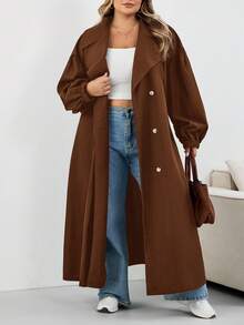 SHEIN CURVE+ 大码女式黑色长款风衣，黑色长袖简约休闲日常夹克大码风衣 8xl 女式外套 Curve 风衣大码秋季外套，女式秋季服装，女式秋季服装，冬季，CURVE PLUS - 棕色 - 查看 4