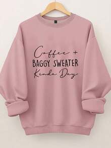 SHEIN CURVE+ Sudadera de cuello redondo con estampado de letras para mujer de talla grande - Rosa vieja - Ver 1