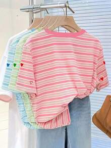 SHEIN Bộ 3 áo thun cổ tròn in kỹ thuật số thêu hình trái tim + sọc hồng, quà tặng cho bạn bè - Nhiều màu - Xem 2