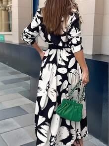 SHEIN Clasi Elegant Casual Loose Tie Waist Large Floral Print Design Women Dress