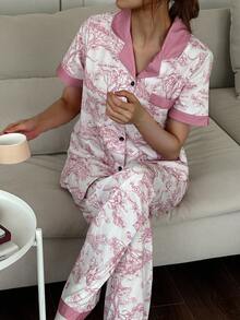 SHEIN 中国风动植物印花撞色拼布翻领短袖睡衣套装真丝睡衣套装女士睡衣套装粉色睡衣套装印花睡衣套装动物印花睡衣套装 - 粉色 - 查看 3