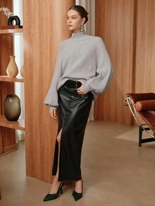 SHEIN Unity 新款高领针织毛衣，宽松修身休闲冬季外套 - 灰色 - 查看 5