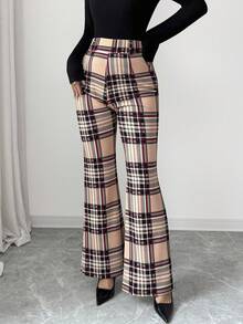 Elenzga 25-30+ High Waist Plaid Straight Leg Elegant Women Pants, Casual Autumn, Christmas