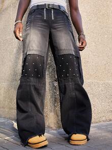 ROMWE MEN Street Life Men's Loose Fit Casual Jeans With Pockets And Pearl Decor, Grunge