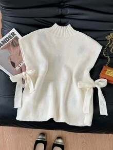 SHEIN Frenchy 简约舒适3D立体花卉装饰侧系带高领毛衣背心，女士针织上衣，毛衣上衣，女士毛衣，女士套头衫，女士套头衫，撞色钩针花卉毛衣，高领无袖毛衣，花卉刺绣保暖毛衣，磨毛质感毛衣，适合秋季、冬季、四季穿着，适合办公室休闲穿着，法式风格，商务休闲风格，优雅，通勤，简约，办公室，复古，简约，日常穿着 - 杏色 - 查看 2