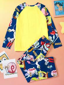 SpongeBob SquarePants | SHEIN 2 件套青少年男孩卡通图案圆领插肩袖长袖 T 恤和宽松针织裤睡衣套装 - 藏蓝色 - 查看 2