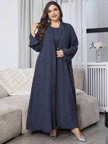 Al Najma 2 件套女士加大码亚麻外观双色翻领长袖长袍连衣裙和无袖连衣裙，优雅长袍套装，适合工作/休闲日常/晚间活动 2 件套 - 藍色 - 查看 3