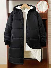 SHEIN Tween Boy Hooded Casual Thick & Versatile Mid-Length Jacket, Suitable For Autumn/Winter, Quilted Coat, Padded Coat, Winter Coat, Padded Coat, Down Coat, Parka Coat, Pockets