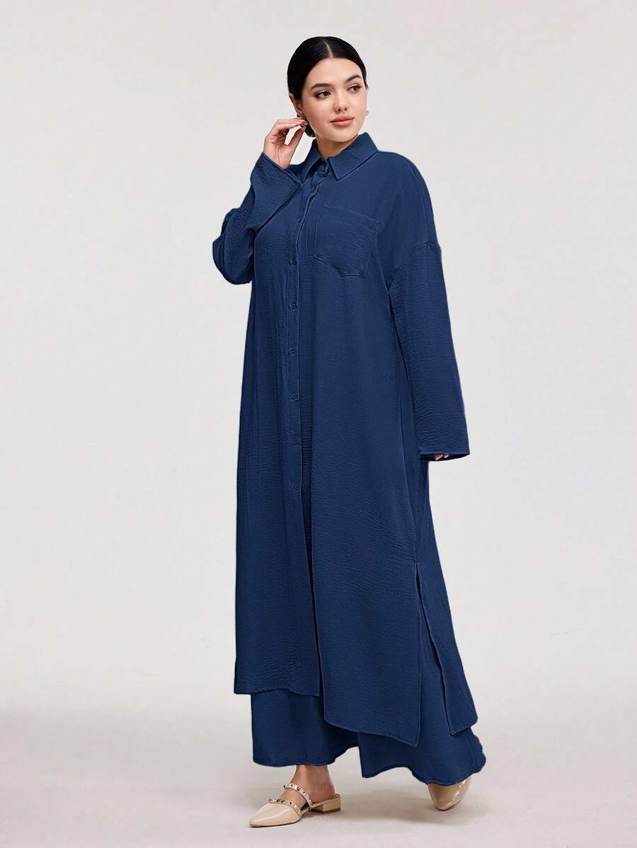 Veilorie 2pcs Women's Solid Color Front Button Long Sleeve Minimalist Long Jacket And A-Line Skirt Set, Casual 2 Pieces Set - Navy Blue - View 1