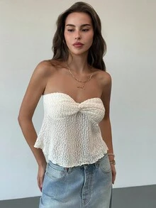 Aloruh 浪漫性感杏色扭纹纹理抹胸短款上衣 - 杏色 - 查看 5