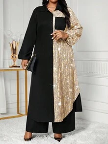 SHEIN Lady Áo sơ mi dệt cổ trụ màu xanh navy, giản dị, thanh lịch, công sở, tay dài, túi hộp, dài tay, cỡ lớn, mùa thu đông - Nhiều màu - Xem 6