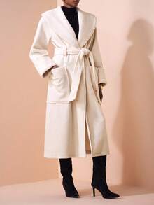 Zivah 2025 Autumn And Winter New Casual High-End Commuter White Loose Large Lapel Long Sleeves Large Pockets Open Waist Tie Woolen Material Medium-Length Women Coat, Casual, Commuting, Elegant, Party Gatherings, Daily Travel, Travel, Airport Clothing, Dating, Vacation, Festival-A - White - View 3