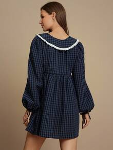 WESTFADE Gingham & Eyelet Collared Tie Sleeve Babydoll Mini Dress Cute Fall Clothes For Women Country Concert Outfit - Royal Blue - View 2
