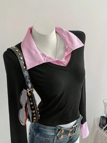 Elamini 1 件女式条纹拼接不对称下摆紧身长袖 T 恤，二合一衬衫领，时尚休闲街头风格，秋冬图案 T 恤女式春季上衣 - 彩色 - 查看 6