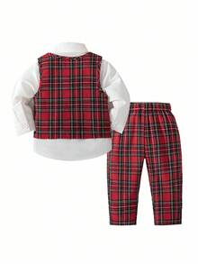 SHEIN 3pcs Baby Boy Gentleman Outfit Set,Red And White Plaid Pants,Bowknot Vest,Elegant Wedding Suit For Summer Birthday Party,Christening,Formal Occasions - Red - View 2