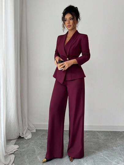 Elenzga Ensemble tailleur pour femmes, tissu de costume, col châle, manches longues, taille cintrée coupe évasée avec ourlet asymétrique, décoration de boutons métalliques, sophistiqué et élégant pour le bureau, les déplacements, le style de rue, le romantisme à la française, décontracté, le style vintage du Moyen-Orient, le thé de l'après-midi, les fêtes, Thanksgiving, la rentrée, l'automne/hiver