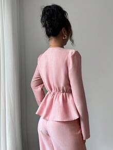 Selianne 女士粉色竹纤维方领收腰纽扣设计优雅高端美学褶皱后腰简约长袖开衫，适合秋季穿着