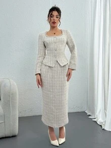 女式秋季格子长袖仿珍珠装饰单排扣夹克和中长裙优雅两件套 - 白色 - 查看 5
