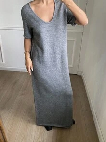DAZY Grey Loose Casual Long Short Sleeve Sweater Dress For Women, Autumn/Winter Summer Women Dresses Sundress Maxi Dress - Grey - View 3