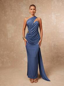 Lumalex Women's Elegant Dusty Blue Summer Party Night Wedding Guest Dress,Asymmetric Neck Ruched Draped Metal Decor Banquet Modest Glitter Holiday Glamour - Dusty Blue - View 2