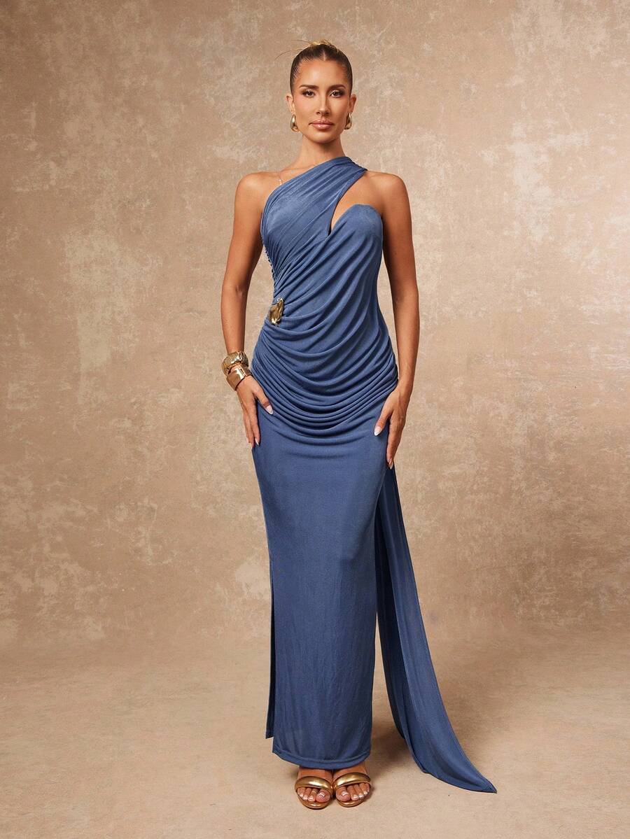 Lumalex Women's Elegant Dusty Blue Summer Party Night Wedding Guest Dress,Asymmetric Neck Ruched Draped Metal Decor Banquet Modest Glitter Holiday Glamour