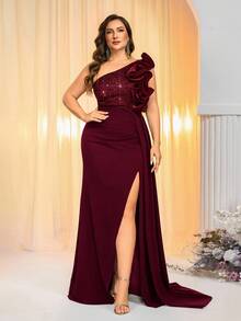 Glamrae Plus Size Beaded Patchwork Knit Fabric, Ruffle Hem, Sequin Decor, Green Asymmetric Shoulder Formal Evening Gown (Heavy Embellished) - Burgundy - View 1